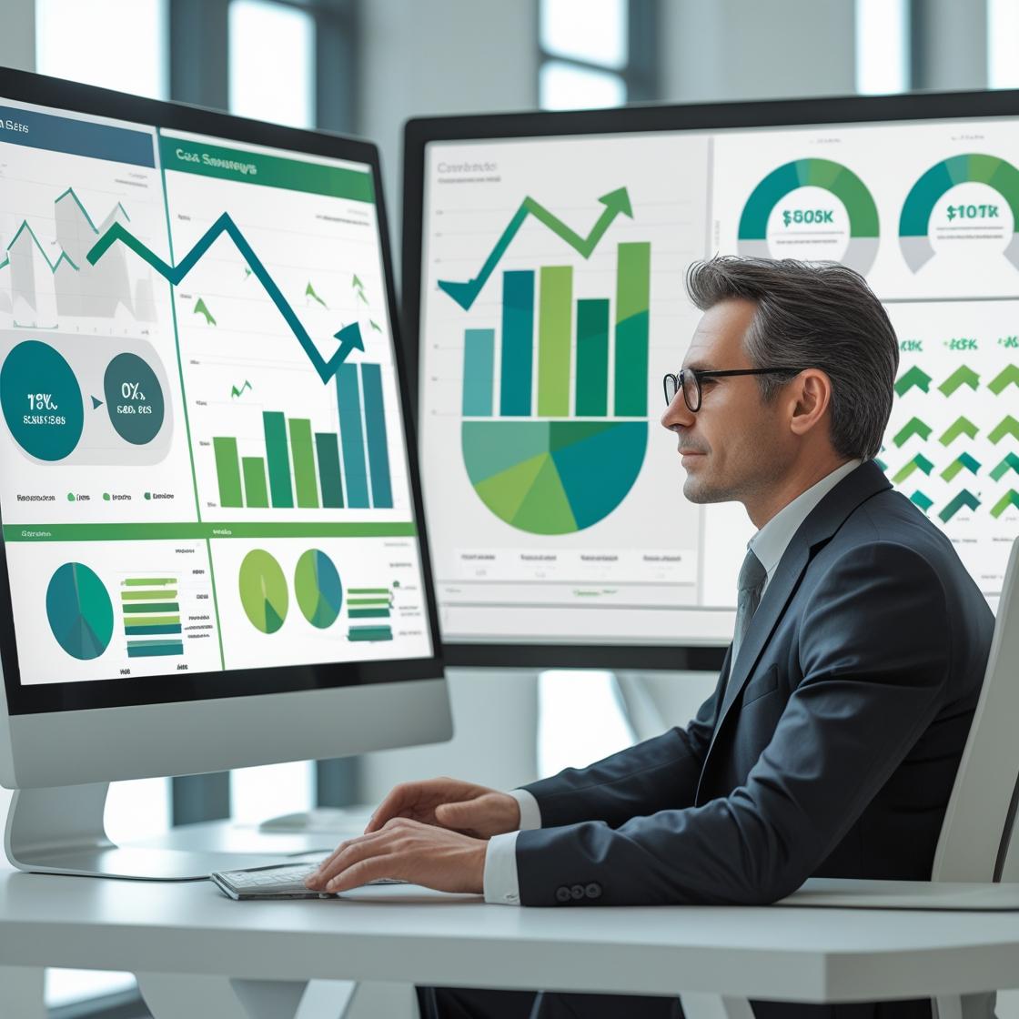 image idea a business consultant or manager reviewing charts and financial data, with upward growth arrows and money saving visual cues (like pie charts or abstract finance graphics).